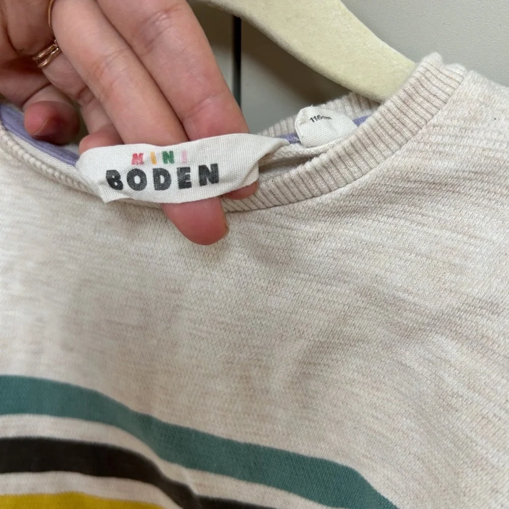 Mini Boden striped long sleeve shirt oatmeal teal/yellow/black/purple - sz 5-6Y